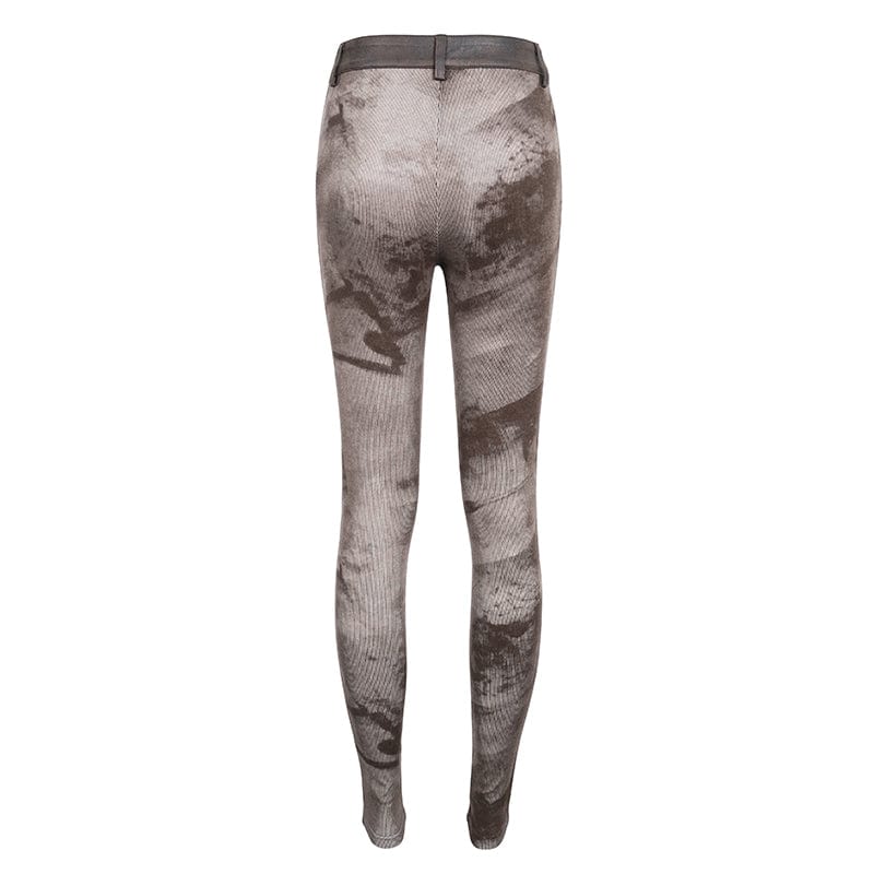 DEVIL FASHION Women's Punk Tie-dyed Buckle Lace-Up Leggings Coffee