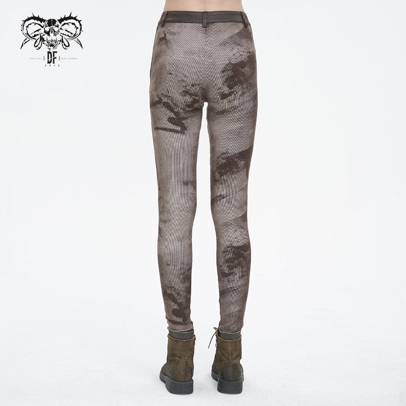 DEVIL FASHION Women's Punk Tie-dyed Buckle Lace-Up Leggings Coffee