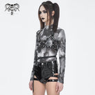 DEVIL FASHION Women's Punk Tie-dyed Strappy Long Sleeved Shirt