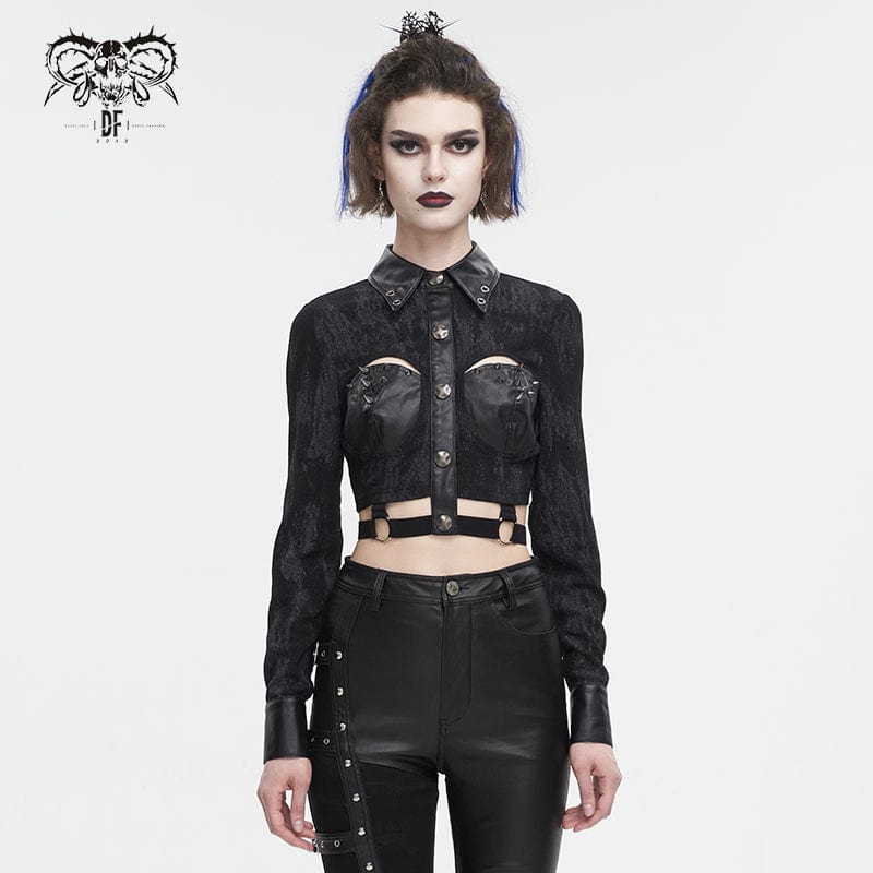 DEVIL FASHION Women's Punk Turn-down Collar Cutout Studded Shirt