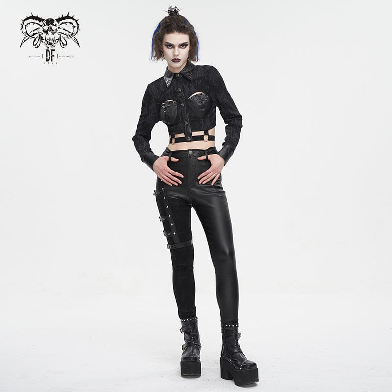 DEVIL FASHION Women's Punk Turn-down Collar Cutout Studded Shirt