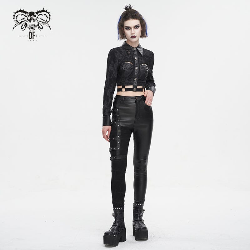 DEVIL FASHION Women's Punk Turn-down Collar Cutout Studded Shirt