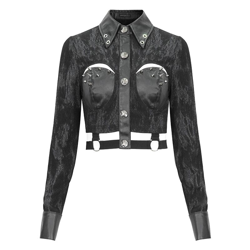 DEVIL FASHION Women's Punk Turn-down Collar Cutout Studded Shirt