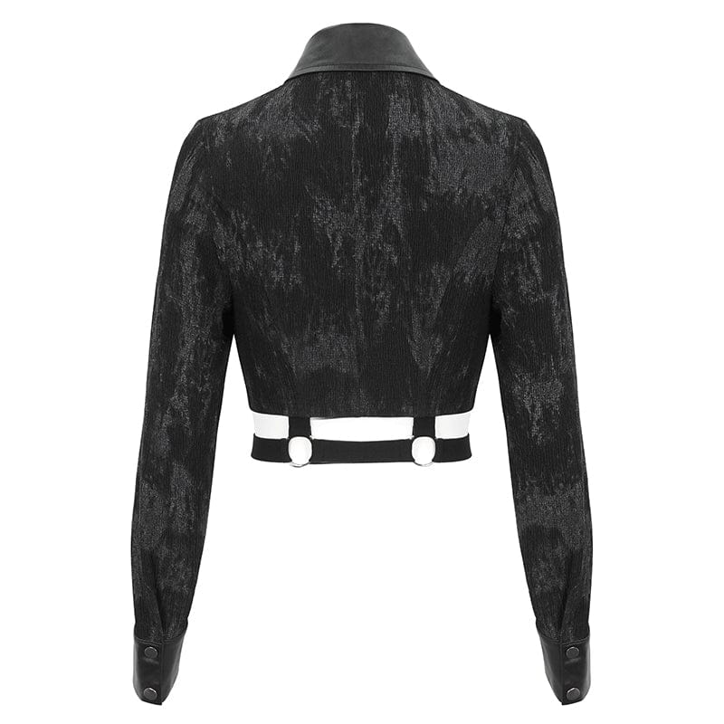 DEVIL FASHION Women's Punk Turn-down Collar Cutout Studded Shirt