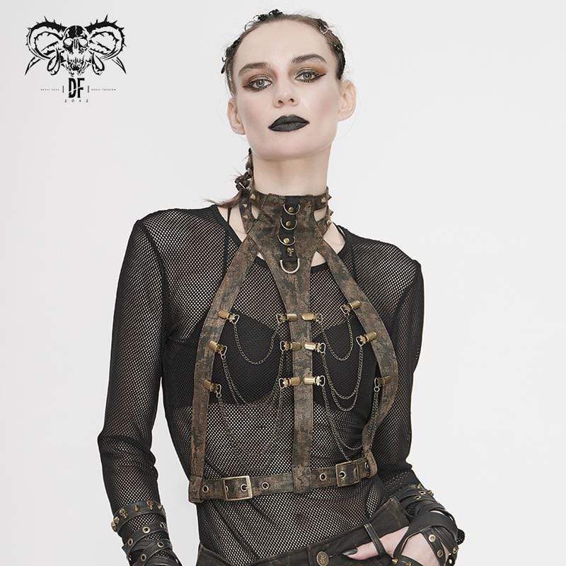 DEVIL FASHION Women's Steampunk Brown Body Harness with Brass Chain