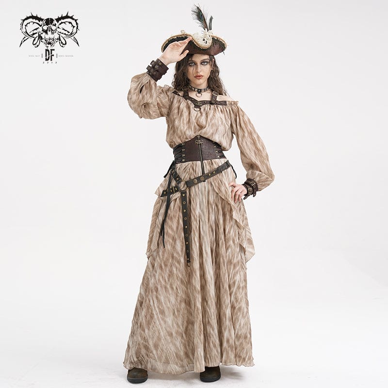 DEVIL FASHION Women's Steampunk Buckle-up Halter Long Sleeve Blouses Coffee