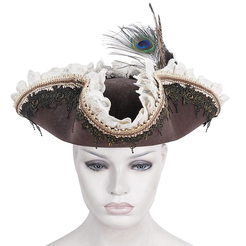 DEVIL FASHION Women's Steampunk Ruffled Lace Splice Feather Hat