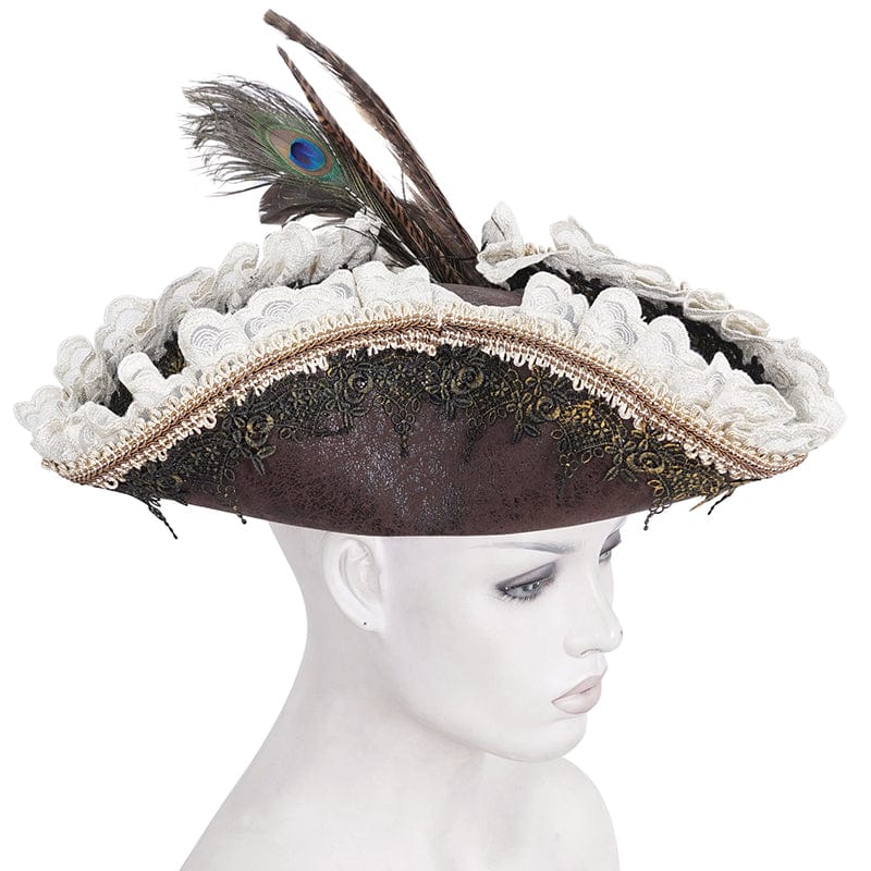 DEVIL FASHION Women's Steampunk Ruffled Lace Splice Feather Hat