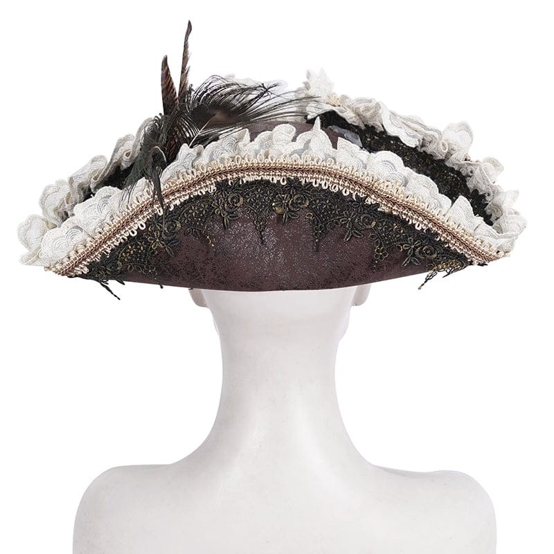 DEVIL FASHION Women's Steampunk Ruffled Lace Splice Feather Hat