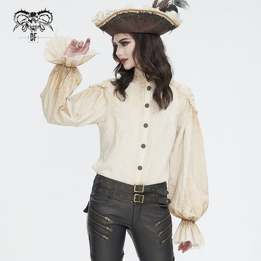 DEVIL FASHION Women's Steampunk Stand Collar Puff Sleeved Beige Shirt