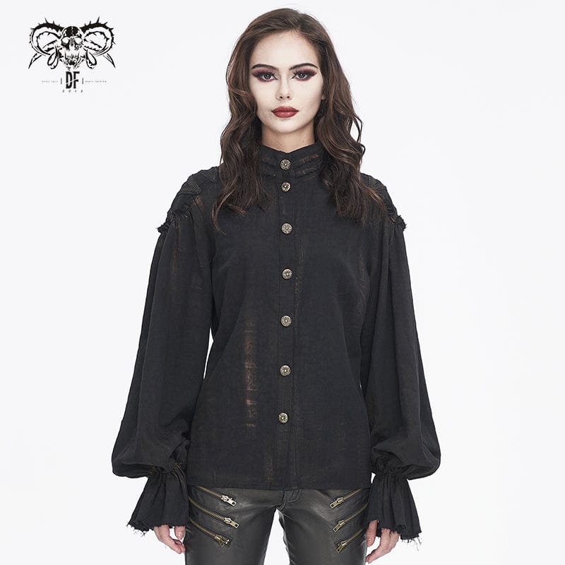 DEVIL FASHION Women's Steampunk Stand Collar Puff Sleeved Shirt