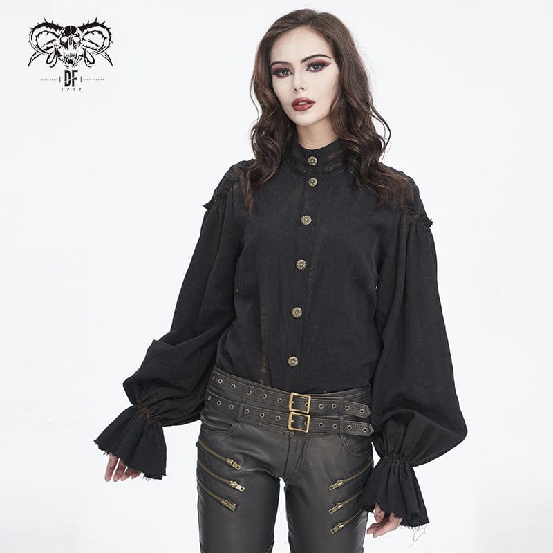 DEVIL FASHION Women's Steampunk Stand Collar Puff Sleeved Shirt