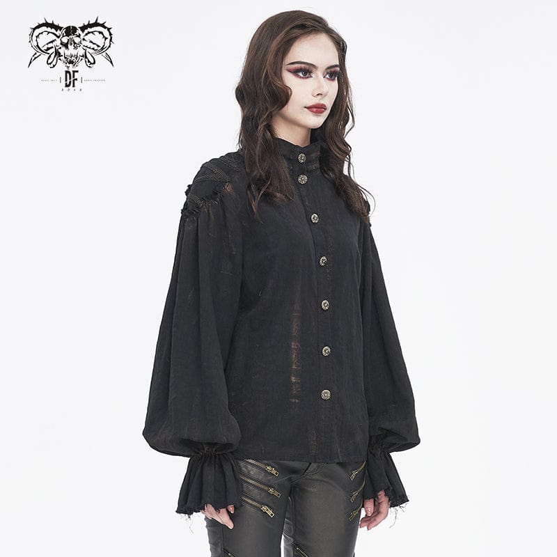 DEVIL FASHION Women's Steampunk Stand Collar Puff Sleeved Shirt