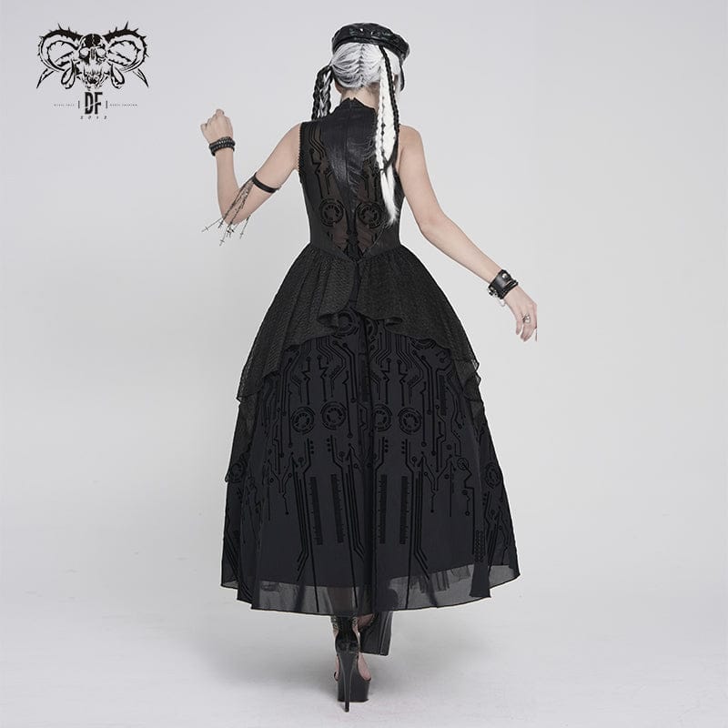 DEVILFASHION Women's Cyberpunk Circuit Board Printed Sleeveless Maxi Dress