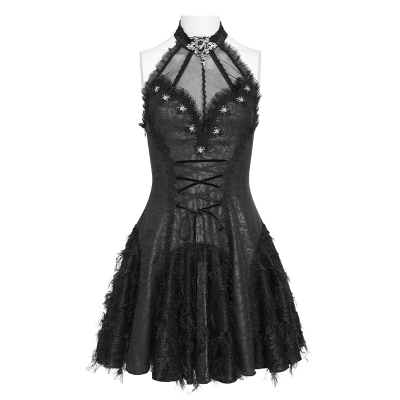 DEVILFASHION Women's Gothic Bat Spider Lace-up Halterneck Dress Black