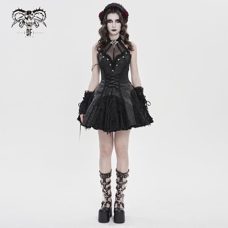 DEVILFASHION Women's Gothic Bat Spider Lace-up Halterneck Dress Black