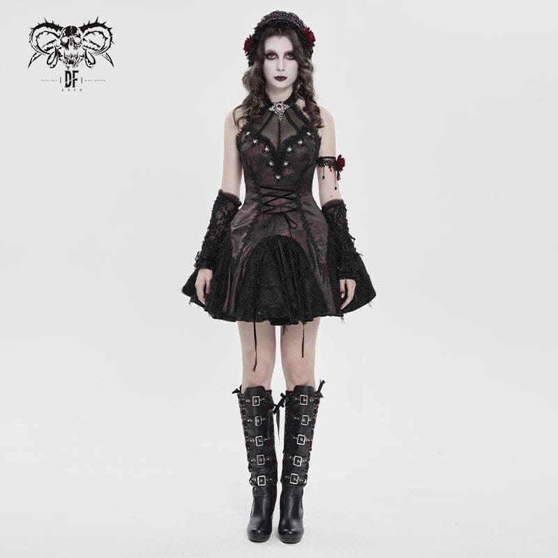 DEVILFASHION Women's Gothic Bat Spider Lace-up Halterneck Dress Black-Red