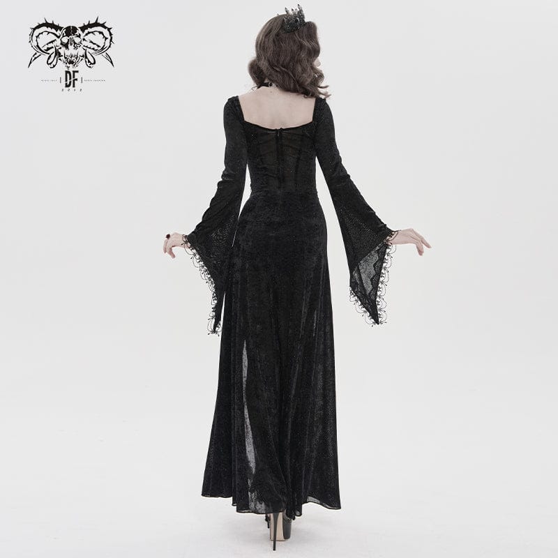DEVILFASHION Women's Gothic Chained Plunging Split Maxi Dress