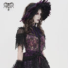 DEVILFASHION Women's Gothic Floral Stand Collar Short Sleeved Mesh Shirt