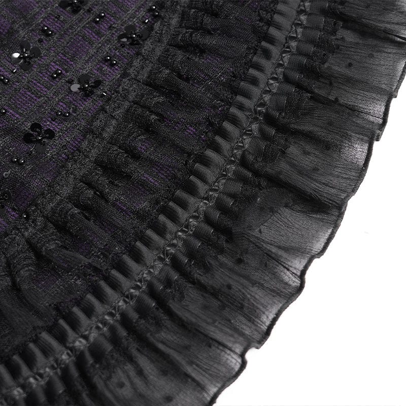 DEVILFASHION Women's Gothic Layered Lace-up Plaid Skirt Black-Purple