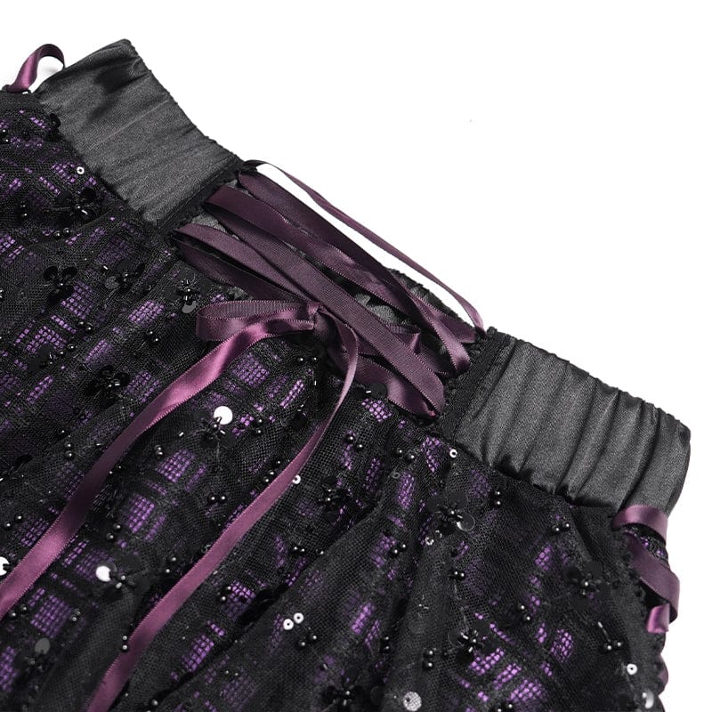 DEVILFASHION Women's Gothic Layered Lace-up Plaid Skirt Black-Purple