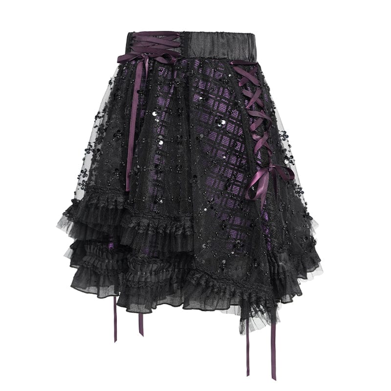 DEVILFASHION Women's Gothic Layered Lace-up Plaid Skirt Black-Purple