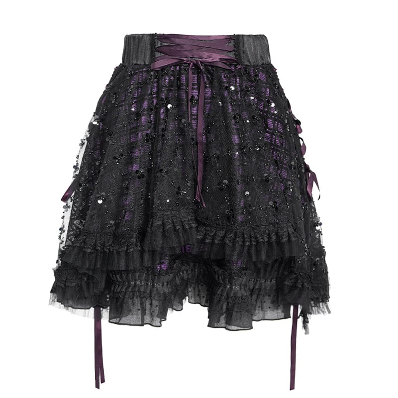 DEVILFASHION Women's Gothic Layered Lace-up Plaid Skirt Black-Purple
