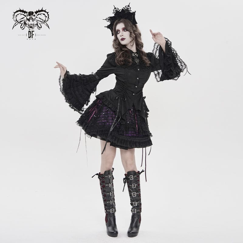 DEVILFASHION Women's Gothic Layered Lace-up Plaid Skirt Black-Purple