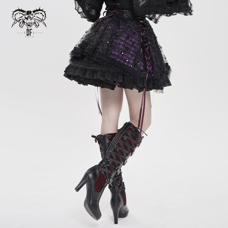 DEVILFASHION Women's Gothic Layered Lace-up Plaid Skirt Black-Purple