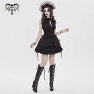 DEVILFASHION Women's Gothic Layered Lace-up Plaid Skirt Black-Red