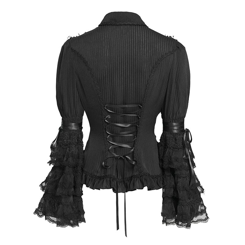 DEVILFASHION Women's Gothic Pinstripe Drawstring Flared Sleeved Shirt Black