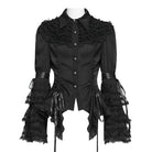 DEVILFASHION Women's Gothic Pinstripe Drawstring Flared Sleeved Shirt Black