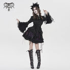 DEVILFASHION Women's Gothic Pinstripe Drawstring Flared Sleeved Shirt Black