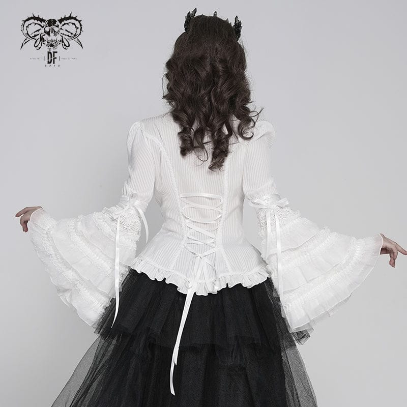 DEVILFASHION Women's Gothic Pinstripe Drawstring Flared Sleeved Shirt White