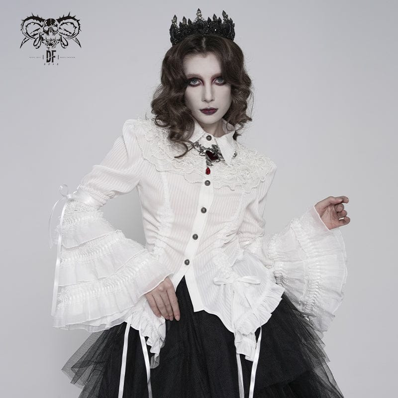 DEVILFASHION Women's Gothic Pinstripe Drawstring Flared Sleeved Shirt White
