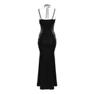 DEVILFASHION Women's Gothic Plunging Pleated Maxi Dress Black