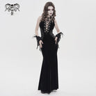 DEVILFASHION Women's Gothic Plunging Pleated Maxi Dress Black