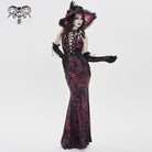 DEVILFASHION Women's Gothic Plunging Pleated Maxi Dress Black-Red