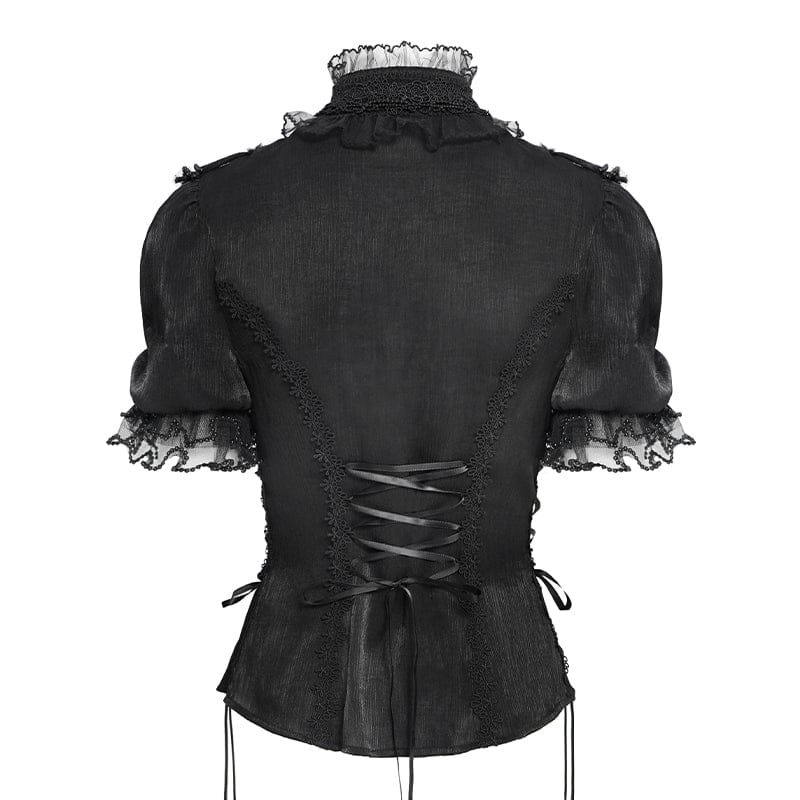 DEVILFASHION Women's Gothic Ruffled Stand Collar Puff Short Sleeved Shirt Black