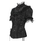 DEVILFASHION Women's Gothic Ruffled Stand Collar Puff Short Sleeved Shirt Black