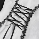 DEVILFASHION Women's Gothic Ruffled Stand Collar Puff Short Sleeved Shirt Black-White