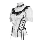 DEVILFASHION Women's Gothic Ruffled Stand Collar Puff Short Sleeved Shirt Black-White