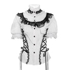 DEVILFASHION Women's Gothic Ruffled Stand Collar Puff Short Sleeved Shirt Black-White