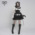DEVILFASHION Women's Gothic Ruffled Stand Collar Puff Short Sleeved Shirt Black-White