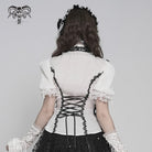 DEVILFASHION Women's Gothic Ruffled Stand Collar Puff Short Sleeved Shirt Black-White