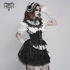 DEVILFASHION Women's Gothic Ruffled Stand Collar Puff Short Sleeved Shirt Black-White