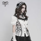DEVILFASHION Women's Gothic Ruffled Stand Collar Puff Short Sleeved Shirt Black-White