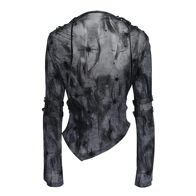 DEVILFASHION Women's Punk Asymmetric Cutout Printed Long Sleeved Shirt