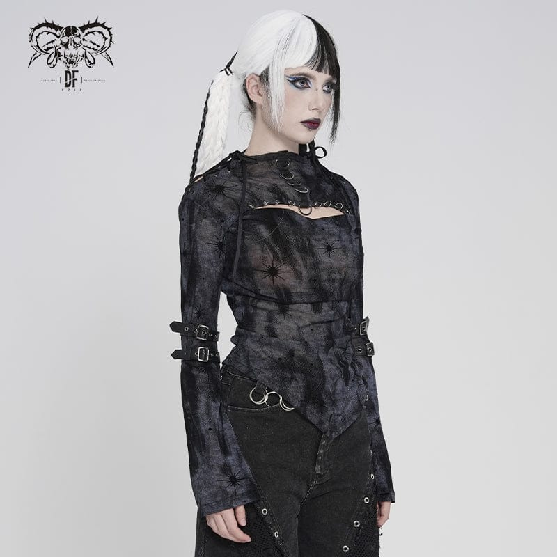 DEVILFASHION Women's Punk Asymmetric Cutout Printed Long Sleeved Shirt