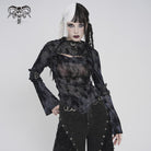 DEVILFASHION Women's Punk Asymmetric Cutout Printed Long Sleeved Shirt